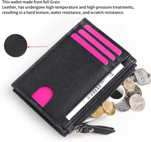 Vista 4 de Cartera delgada para mujeres de piel pequeña con bloqueo RFID, tarjetero minimalista con bolsas para monedas y fundas, Negro, Moderno