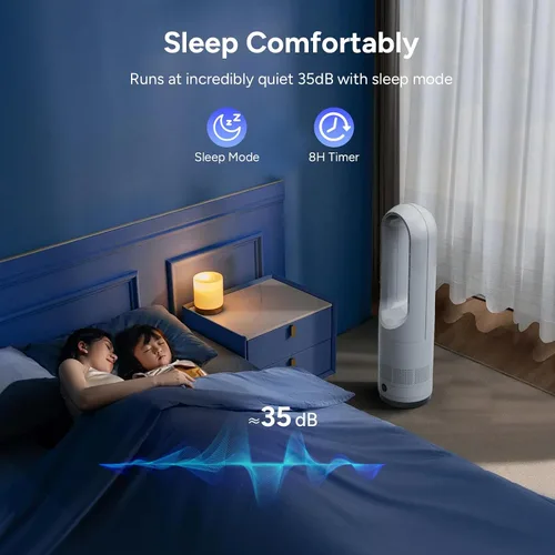 Vista 4 de Ventilador sin aspas, ventilador de torre de enfriamiento de 22 pulgadas con oscilación de 80° y control remoto, temporizador de 9H, 8 velocidades