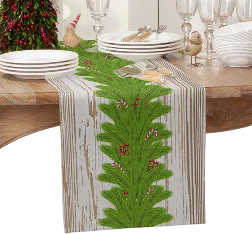Vista 4 de Camino de mesa con guirnalda de Navidad, algodón y lino, para decoración de Navidad, bufanda larga de 48 pulgadas, para vacaciones, invierno