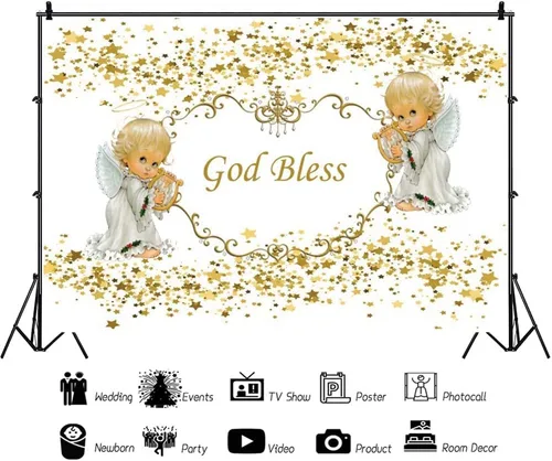 Vista 3 de Telón de fondo de 5 x 3 pies con texto en inglés "God Bless First Holy Comunion Bautismo" Bautizo Fondo Ángel Baby Lentejuelas Doradas Estrella