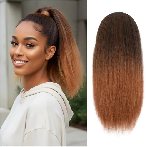 Vista 27 de Cola de caballo recta Yaki de 12 pulgadas con cordón para mujeres negras, sintética, gruesa, recta, longitud del hombro, extensión de cola