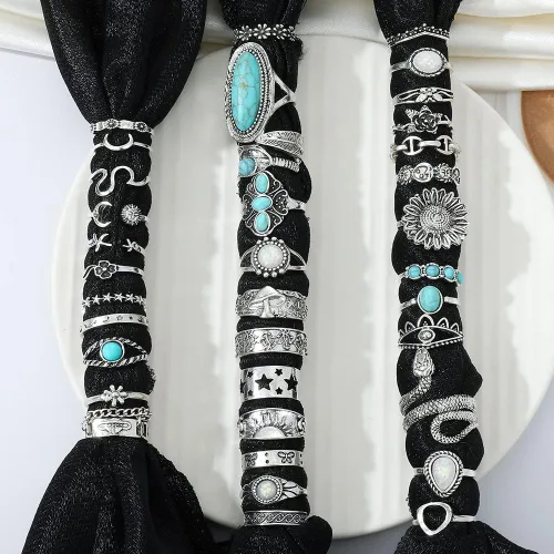 Vista 7 de KISSWIFE - Juego de 36 anillos de nudillos plateados vintage para mujeres y niñas joyas occidentales anillos estéticos anillos bohemios a granel