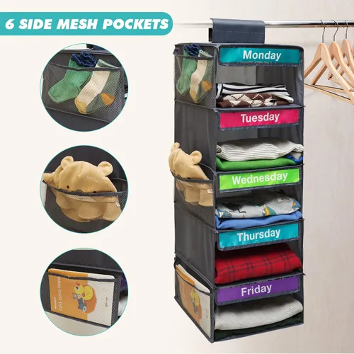 Vista 6 de Organizador semanal de ropa de 5 estantes para niños, estante diario para niños, organizador de armario colgante con 6 bolsillos laterales, estantes