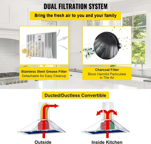 Vista 6 de VEVOR Campana de Ventilación Integrada, 800CFM 3-Velocidades, Campana de Cocina de Acero Inoxidable de 36 Pulgadas con Control de Botón de Impulso