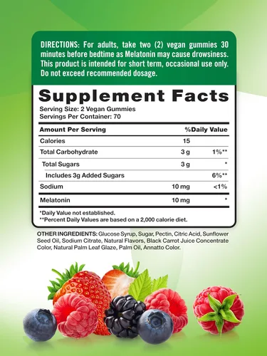 Vista 2 de Nature's Truth Gomitas de melatonina 10 mg 140 unidades Sabor a bayas Suplemento vegano, sin OMG y sin gluten para adultos