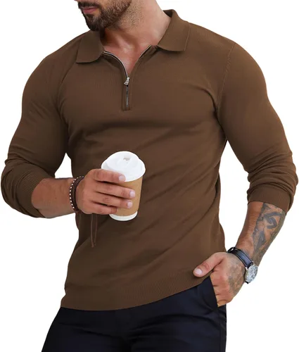 Vista 17 de RQP Camisas polo con cremallera para hombre, camisas casuales de punto de manga corta/larga, camisas de golf elásticas ajustadas, suéter suave