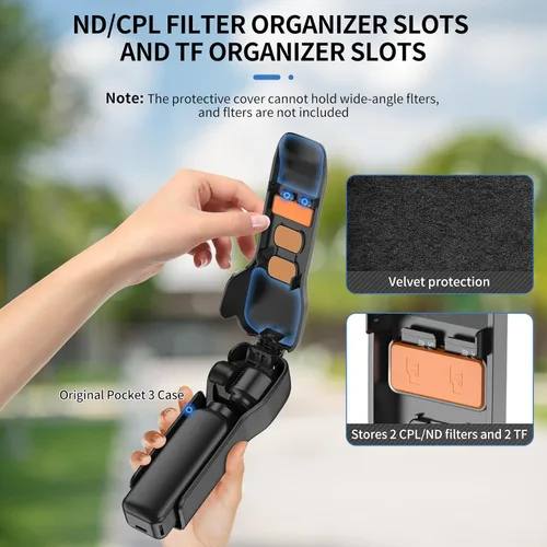 Vista 2 de Funda protectora para DJI Osmo Pocket 3/Xtra Muse, carcasa de ABS duro forro suave, 2 ranuras de filtro+2 ranuras para tarjeta TF+clip de micrófono