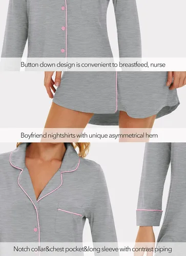 Vista 3 de WiWi Camisones de viscosa de bambú para mujer, suave, de manga larga, con botones, ropa de dormir, vestido de novio S-XXL