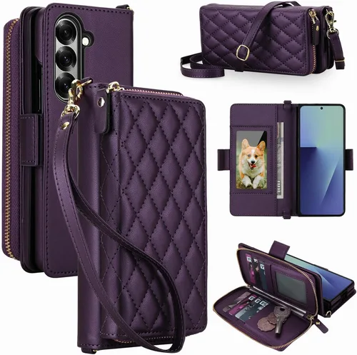 Vista 18 de Compatible con Samsung Galaxy Z Fold 3 5G 2021 - Funda tipo cartera con cremallera y bloqueo RFID, correa para tarjetero, ranuras para tarjetas Rojo