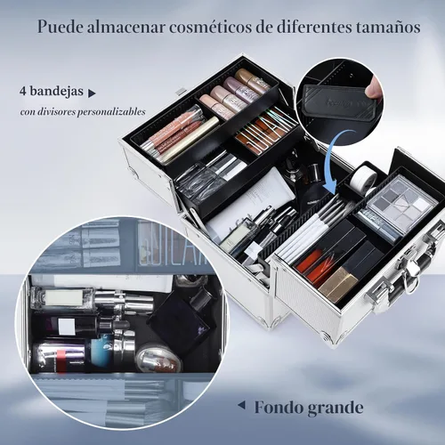 Vista 2 de FRENESSA Estuche de Tren para Maquillaje, Caja Organizadora de Cosméticos Portátil con Candado, Estuche de Viaje para Maquillaje con 4 Bandejas
