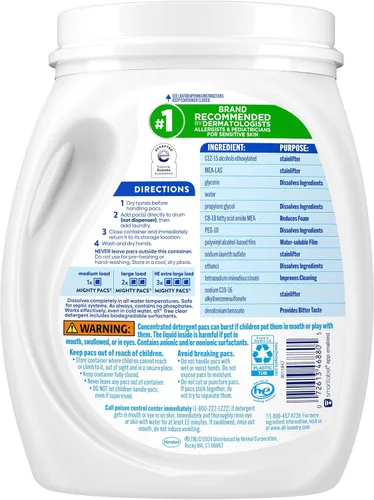 Vista 5 de All Mighty Pacs Detergente para Ropa, Sin Fragancia Sin Colorantes para Piel Sensible, Envase, 60