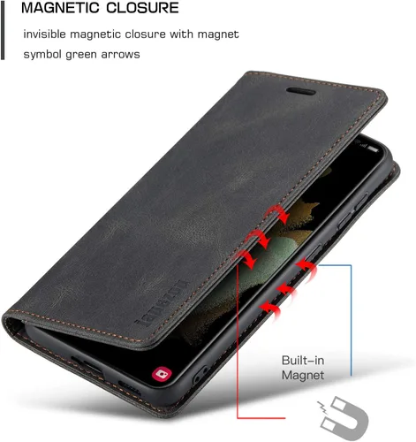 Vista 5 de Funda tipo cartera para Samsung Galaxy S21+ Plus 5G con bloqueo RFID, tarjetero y función atril magnético, funda de piel con tapa para Samsung Negro
