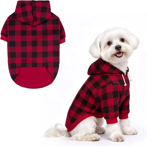 Vista 22 de EXPAWLORER Sudadera con capucha para perro a cuadros, estilo británico, suéter cálido para perro con agujero para correa, ropa de pitbull, ropa