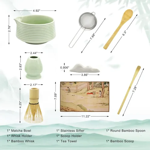 Vista 2 de Juego de batidor de matcha, cuenco de matcha con boquilla, soporte para cepillo de té, tamiz de acero inoxidable, soporte para batidor de matcha