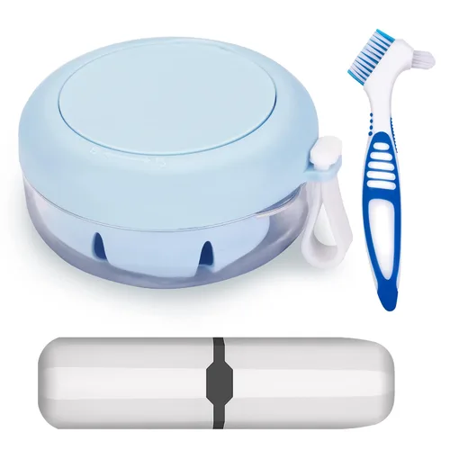 Vista 8 de Estuche de dentadura postiza, definitivamente sin fugas, caja de baño para dentadura para viajar perfectamente, taza de dentadura con colador y Negro