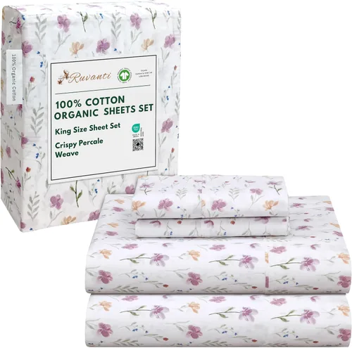 Vista 170 de RUVANTI Juego de sábanas de algodón orgánico 100% tamaño completo, tejido de percal, certificado GOTS, juego de 4 piezas, bolsillo profundo de 15