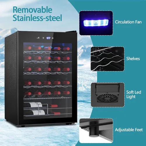 Vista 8 de COWSAR Refrigerador de Vino de 37 Botellas, Refrigerador Comercial de Bebidas Independiente con Control Inteligente de Temperatura, Mini Negro