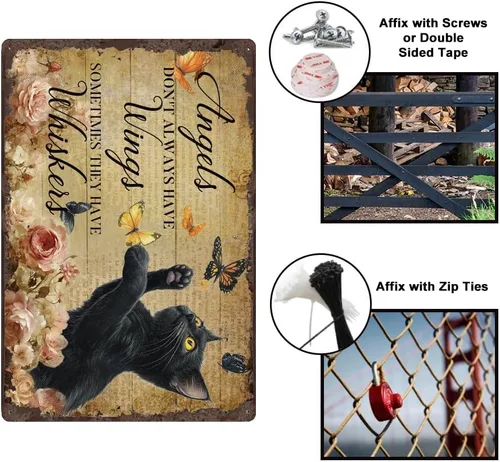 Vista 4 de 1 letrero de metal vintage de 8 x 12 pulgadas, diseño retro de gato negro con diseño de mariposa de ángeles no siempre tienen alas para el hogar
