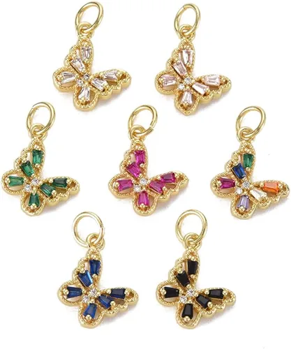 Vista 8 de Stiesy 10 dijes chapados en oro de 18 quilates al azar con forma de flor de latón, micro pavimenta colorida circonita cúbica CZ piedra colgante
