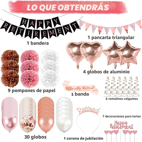 Vista 3 de Decoraciones de Fiesta de Jubilación Oro Rosa, 63 Piezas Decoraciones de Fiesta de Jubilación para Mujeres Pancarta de Feliz Jubilación Remolinos