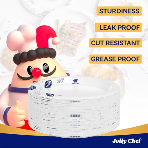 Vista 6 de JOLLY CHEF 140 platos de papel de 10 pulgadas, a prueba de remojo, a prueba de cortes, platos de papel desechables impresos de hojas resistentes