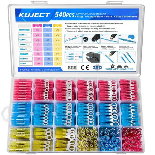 Vista 9 de Kuject 90 piezas conectores de alambre termorretráctiles, kit de terminales de cable eléctrico impermeables multiusos, conectores de crimpado