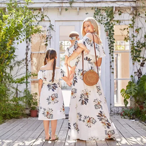 Vista 4 de PopReal - Vestidos con estampado floral a juego para madre e hija, de gasa, con volantes, manga corta, para la playa, con diadema, con tira de tela