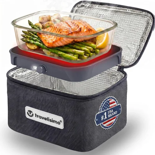 Vista 9 de TRAVELISIMO Microondas portátil, calentador de alimentos portátil para uso en el trabajo y el hogar, caja de almuerzo con calefacción 12V/24V/110V