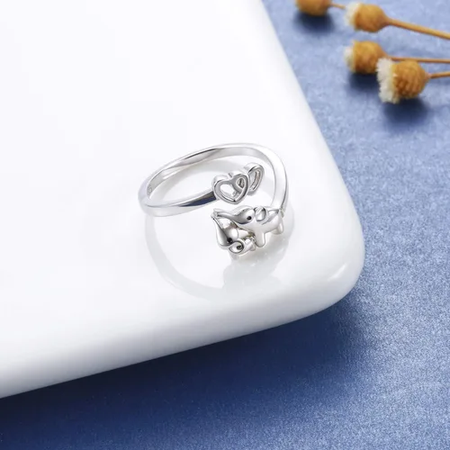 Vista 3 de Anillo de Elefante Mamá Hija Plata de Ley 925 Ajustable Anillos de Dedo Corazón de Amor Colgante para Mujeres Esposa Mamá Nana Hija Regalo de Joyería