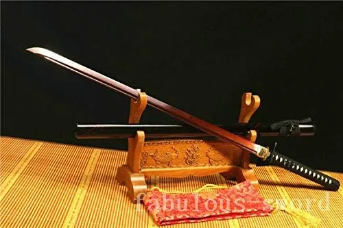 Vista 3 de Espada GLW de 41 pies de acero Damasco plegado rojo japonés Samurai recto Katana lista para la batalla