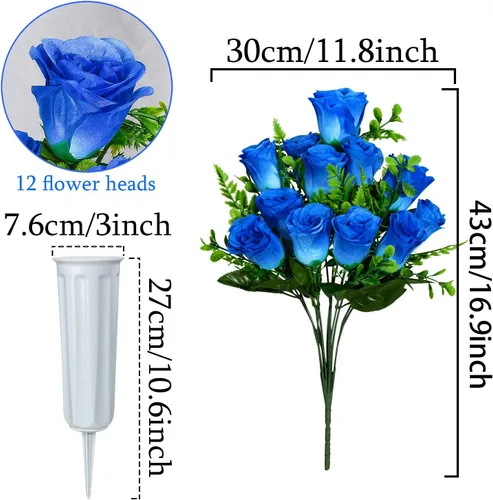Vista 2 de XONOR Flores artificiales de cementerio, juego de 2 ramos de rosas artificiales, flores conmemorativas con jarrón para decoración de lápidas de Azul