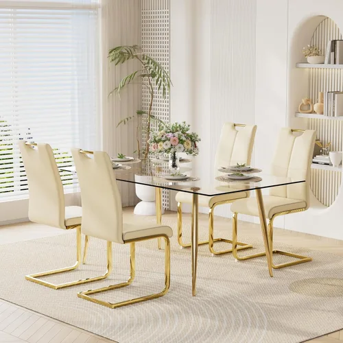 Vista 19 de Juego de mesa de comedor moderno de 51 pulgadas para 4 mesas rectangulares de cristal con 4 sillas tapizadas de cuero, asientos 4 ideales para Beige