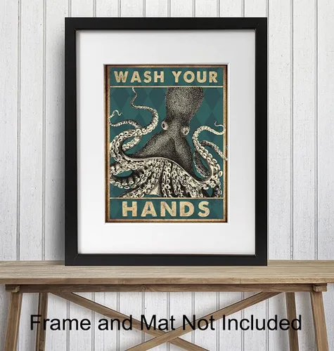 Vista 3 de Arte y decoración náutica de pulpo para pared de baño, divertida decoración de baño de playa, obra de arte de pared de baño, bonito póster