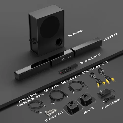 Vista 7 de Barra de sonido de 2.1 canales con subwoofer con cable, Dolby Audio Barra de sonido de TV desmontable de 35 pulgadas, Bluetooth, HDMI-ARC, óptico