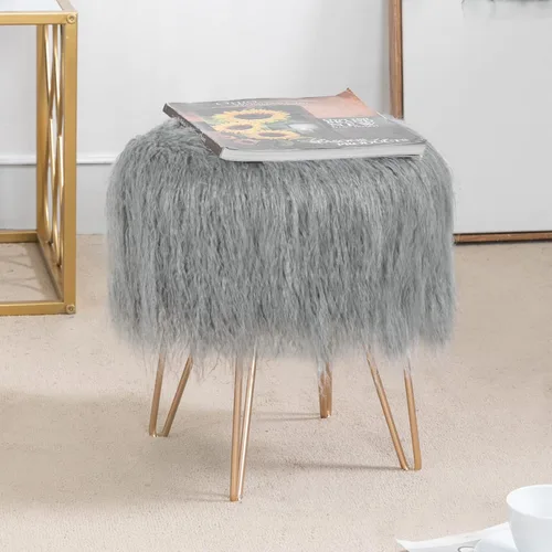 Vista 3 de Adeco Taburete otomano redondo de piel sintética con patas de metal, reposapiés suave y peludo, asiento acolchado, muebles decorativos tapizados Gris