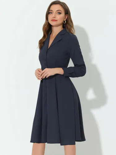 Vista 3 de Allegra K Vestido de trabajo para mujer, con cuello de solapa, cinturón y botones hasta la rodilla