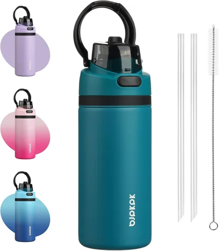 Vista 22 de BJPKPK Botella de agua aislada de 17 onzas con tapa de popote y asa, acero Verde militar