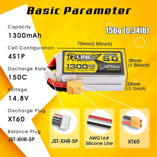 Vista 2 de TATTU R-Line Versión 5.0 4S Lipo Batería 14.8V 150C 1300mAh Lipo Batería con XT60 Plug