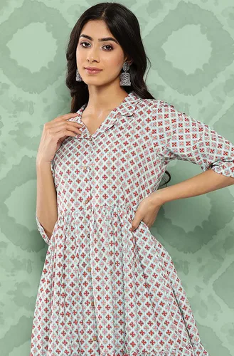Vista 6 de Janasya Kurta con pantalón con motivos étnicos de algodón azul cielo para mujer