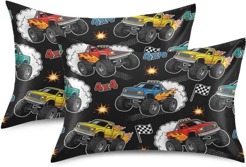 Vista 2 de Fundas de almohada de seda con estampado negro de camión monstruo para cabello y piel, suave, transpirable, suave, refrescante, funda de almohada