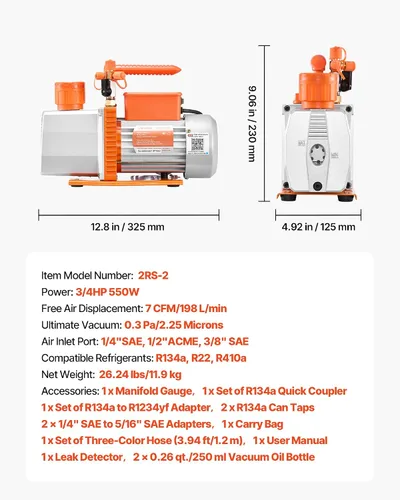 Vista 7 de VEVOR Juego de bomba de vacío y medidor de CA, 7 CFM 3/4 HP, bomba de vacío HVAC de paletas rotativas de dos etapas, kit de manómetro de colector