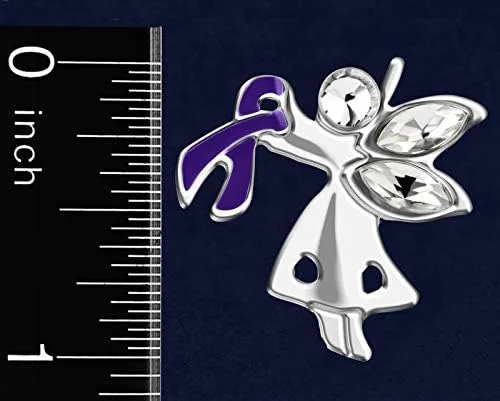 Vista 3 de Pin de concientización de ángel de cinta púrpura por mi lado Pin de ángel de cinta púrpura para Alzheimer, epilepsia, cáncer de páncreas, violencia