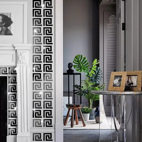 Vista 2 de Juego de calcomanías de pared acrílicas para bricolaje, calcomanías de pared de espejo para sala de estar, dormitorio (llave griega negra)