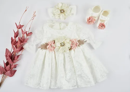 Vista 3 de Kaioppi Vestido de bebé recién nacido, vestido de bautizo, vestido de encaje bordado blanco para bebé 0-3 recién nacido, vestido de niña de flores