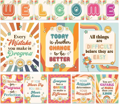 Vista 18 de Decorably 15 carteles de bienvenida con temática de abejas para aulas, escuela primaria, secundaria, inspirador, laminado mate con diseño vibrante