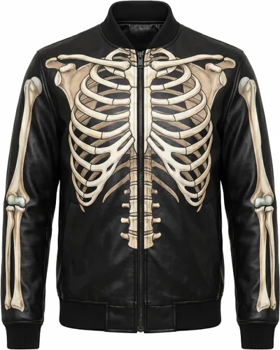 Vista 7 de Chaqueta de cuero con estampado de huesos de esqueleto negro para hombre de Halloween Faux Leather