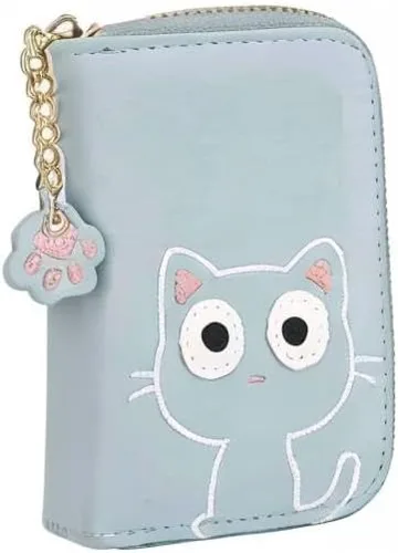 Vista 9 de Sunwel Fashion Lindo portatarjetas con diseño de gato pequeño - Estuche para tarjetas con cremallera de acordeón, bolsillos para efectivo, monedero