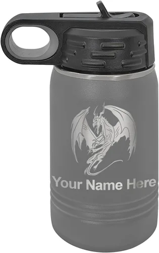 Vista 70 de LaserGram Botella de agua con tapa abatible de doble pared de 12 onzas con pajilla, dragón, grabado personalizado incluido (negro)