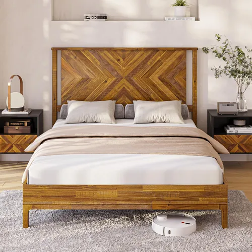 Vista 9 de Estructura de cama Queen en forma de trapecio de Bme – Cama moderna de madera maciza con cabecero de patrón suave, patas de metal negro, acabado