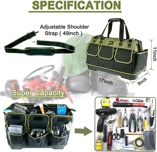 Vista 3 de Bolsa de herramientas de 17 pulgadas para hombres de alta resistencia con base moldeada impermeable, bolsa de gran capacidad de boca ancha, bolsas